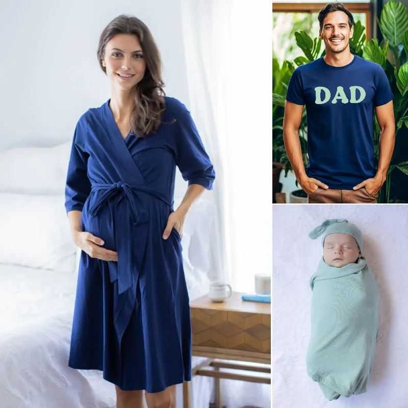 Fresh And Capable Navy Robe & Sage Newborn Swaddle Blanket Set & Dad Navy T-Shirt with Sage Text Fresh And Capable Navy Robe & Sage Newborn Swaddle Blanket Set & Dad Navy T-Shirt with Sage Text