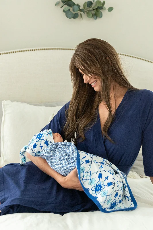 Breezy Style Navy Robe & Ophelia Reversiblele Newborn Swaddle Blanket Set