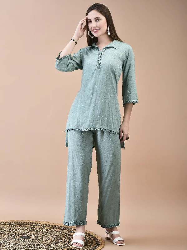 Exquisite Fabrics Women Poly Viscose Dobby Green Solid Co-Ord Set