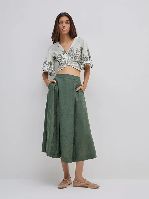 Bombay Paisley Olive Embroidered High-Rise Cotton Skirt