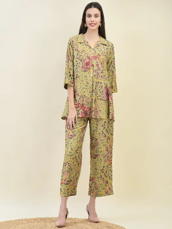 Unique Prints Women Viscose Green Floral Print Co-Ord Set
