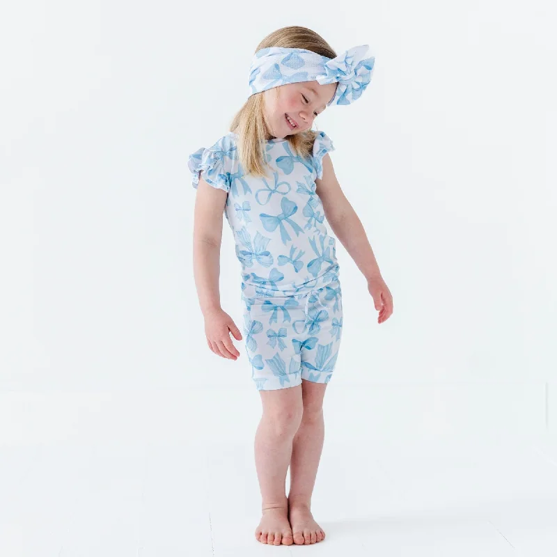 Cozy Lounge Wear Bow Sweet Bow Cap Sleeve Shirt & Shorts Set