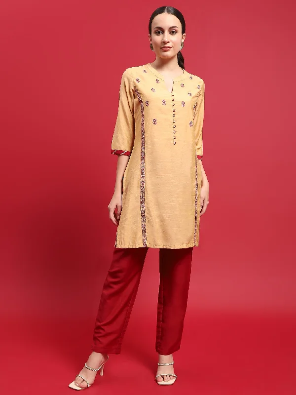 Easy Chic Wear Indiessence Women Poly Silk Beige Embroidered Kurta With Trouser
