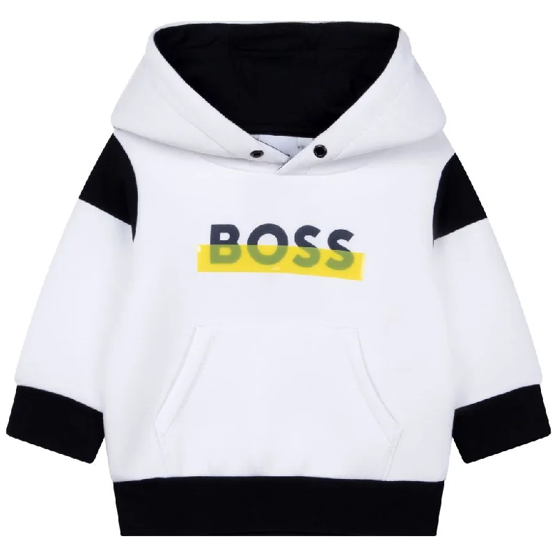 Sporty Wear White Colorblock Logo Hoodie