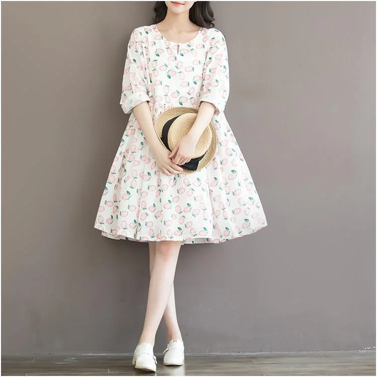 Fresh And Natural Sweet peach print cotton dress loose casual style traveling dresses