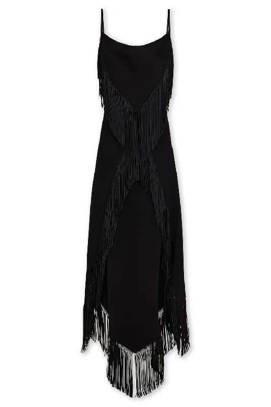 High-end Fabrics SLEEVELESS FRINGE MIDI DRESS