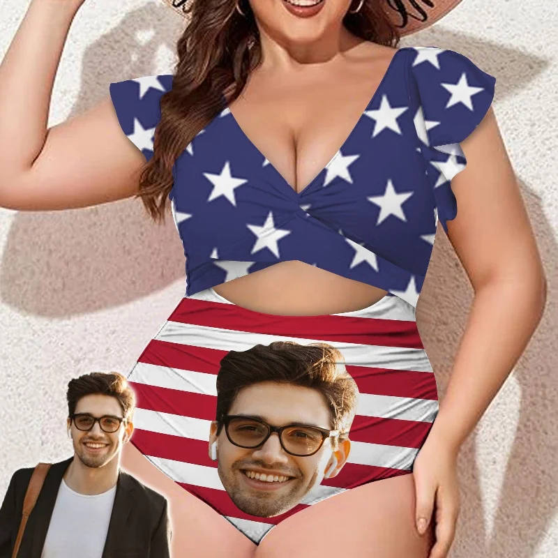Elegant Dressing Custom Face American Flag Style Women's Twist Front Ruffle Sleeve Swimsuit Face Bathing Suit Elegant Dressing Custom Face American Flag Style Women's Twist Front Ruffle Sleeve Swimsuit Face Bathing Suit