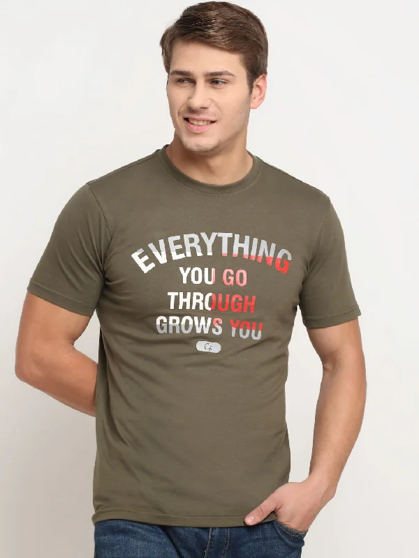 College Style Men's Olive Green Round neck Half Sleeve T-Shirt with Print