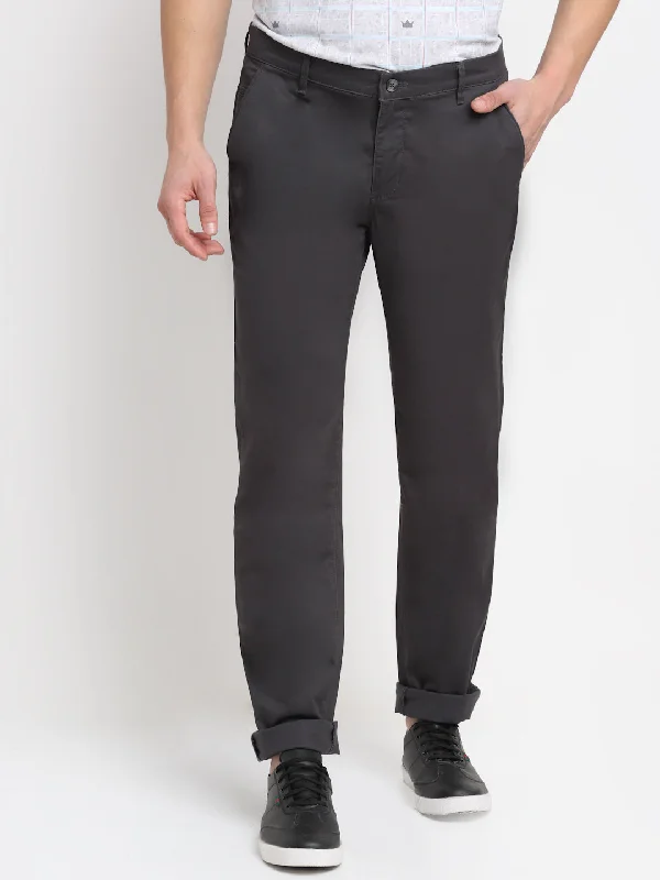 Sporty Elegance Men's Casual Flat front Dark Grey  Trousers