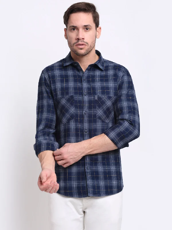 Trendy Comfort Wear Men Cotton Checkered Blue Full Sleeve Casual Shirt for Men with Pocket