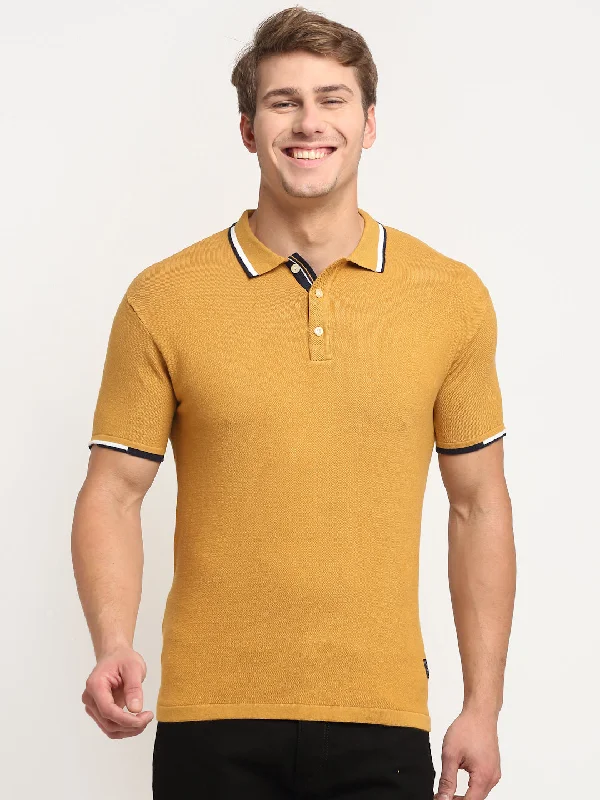 Simple And Comfortable Men's Mustard  Polo neck Half Sleeve Flatknit T-Shirt
