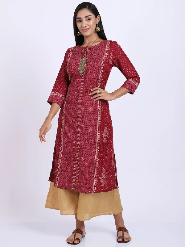 Women's Casual Round neck Maroon Printed Calf length Kurti