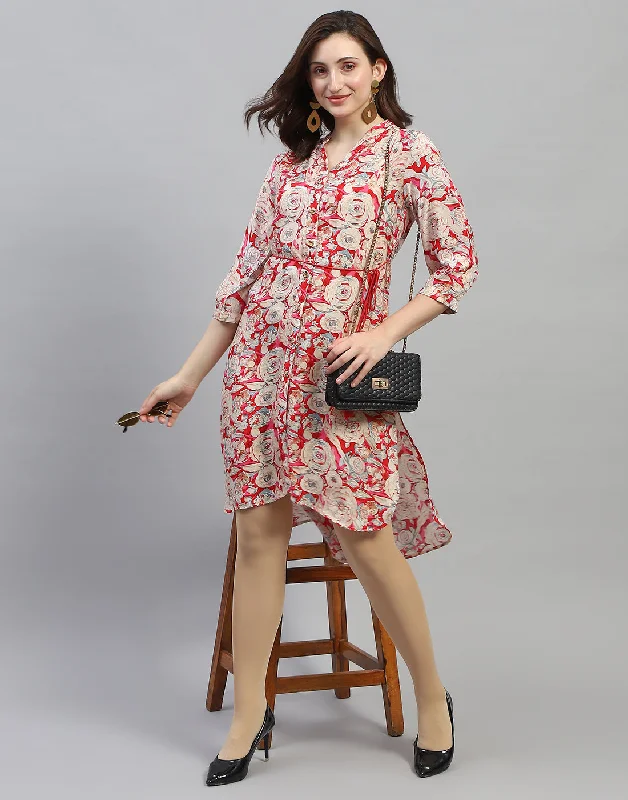 Casual Choice Women Red Floral Print V Neck 3/4 Sleeve Dress
