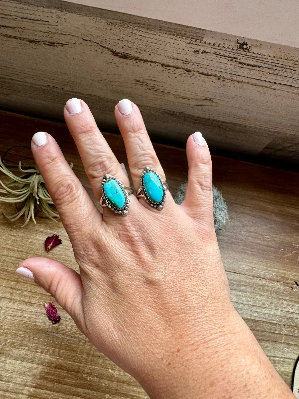 Minimal Comfort Ring size 7 & 8- long kingman turquoise and sterling silver