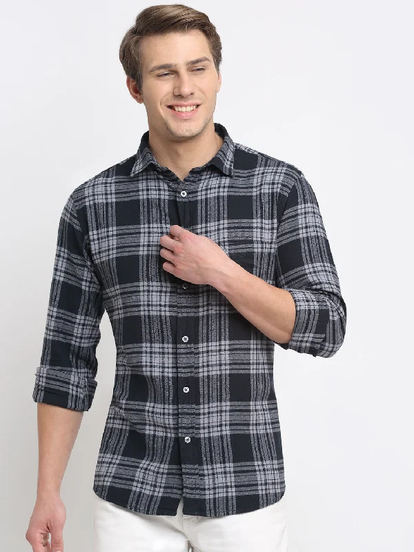 Stunning Fashion Men Cotton Checkered Navy Full Sleeve Casual Shirt for Men with Pocket