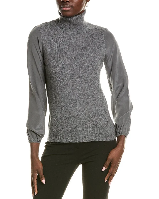 Smart Casuals sofiacashmere Chiffon Silk Sleeve Turtleneck Cashmere Sweater