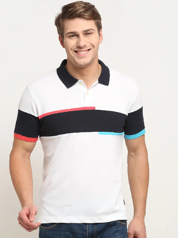 Simple Matching Men's White Stripe Polo neck Half Sleeve T-Shirt