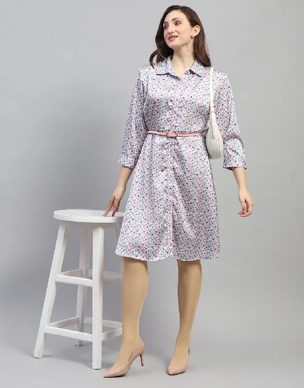 Fashionable Items Women Off White Floral Print Collar Neck 3/4 Sleeve Dress