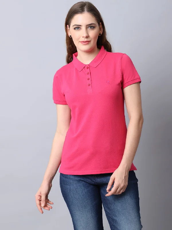 Women's Casual Regular Short Sleeve Dark Pink Polo neck  T-Shirt