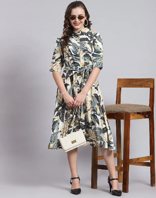 Casual Fit Wear Women Green Printed Front Open Short Sleeve Dress