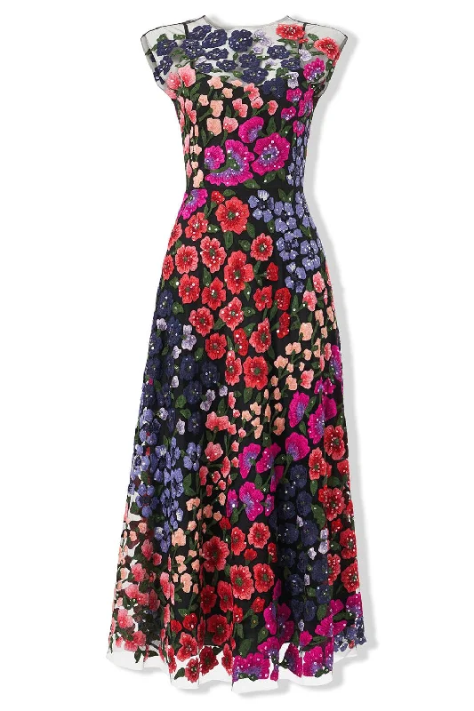 Ethnic Style Embroidered Floral Crewneck Midi Dress