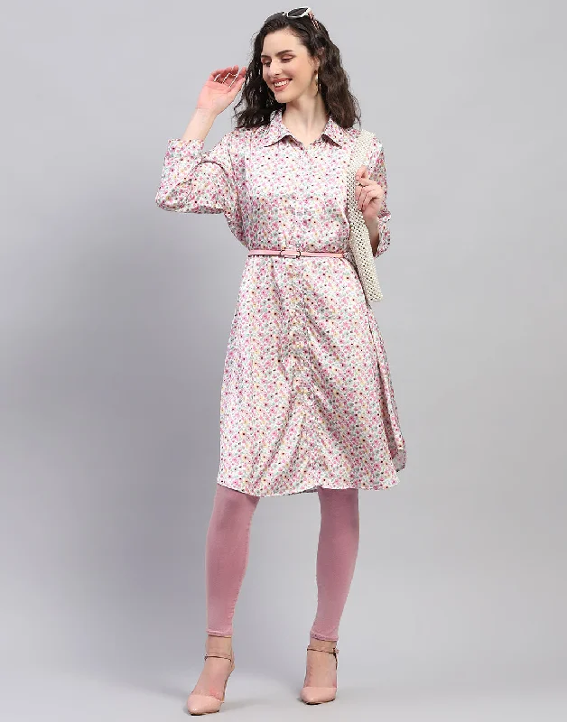 Fashion Innovation Women Pink Floral Print V Neck 3/4 Sleeve Dress