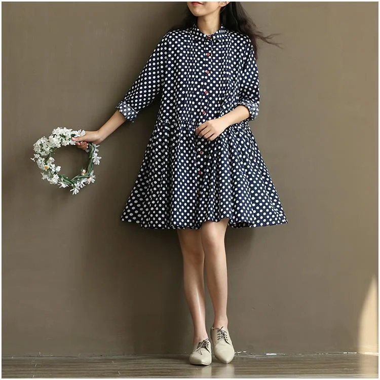 Comfortable Looks New blue dotted sundress plus size cotton summer dresses navy
