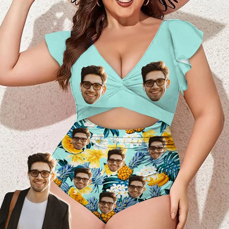 Everyday Comfort Custom Face Blue Pineapple Women's Twist Front Ruffle Sleeve Swimsuit Face Bathing Suit
