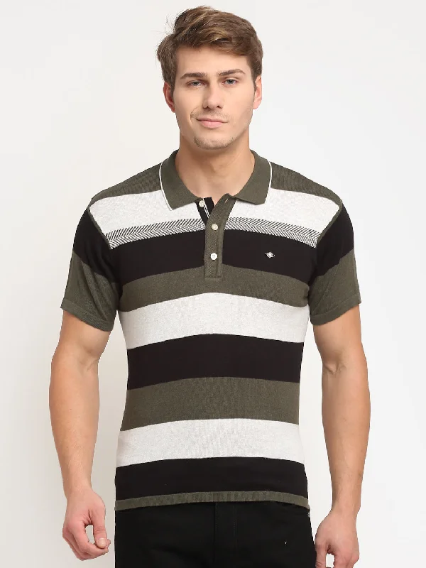 Classic Retro Men's Olive Green Stripe Polo neck Half Sleeve T-Shirt