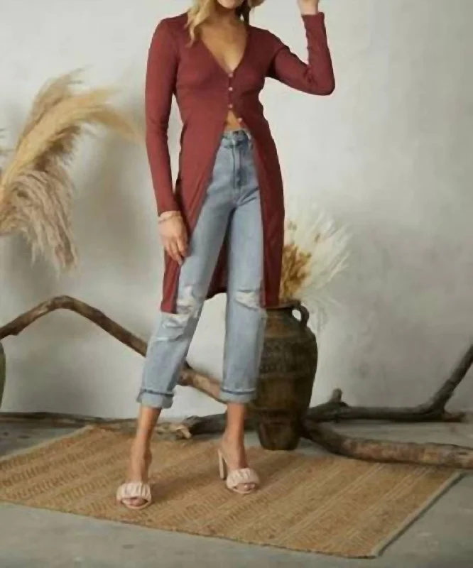 Casual Fit Wear Long Sleeve Cardigan With Buttons In Marsala