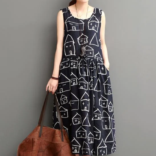 Cozy Street Style Smiling house black cotton sundresses plus size casual maxi dress sleeveless
