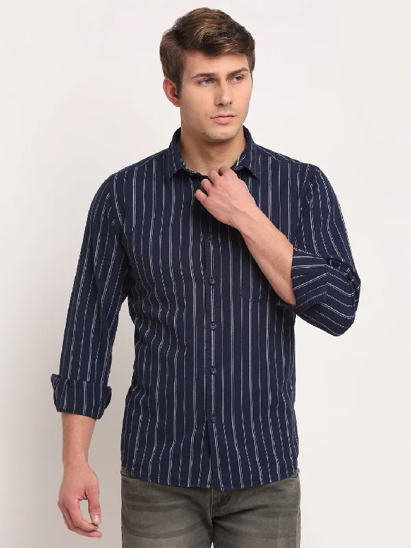 Comfortable Dresses Men Cotton Striped Navy Blue Full Sleeve Casual Shirt for Men with Pocket Comfortable Dresses Men Cotton Striped Navy Blue Full Sleeve Casual Shirt for Men with Pocket