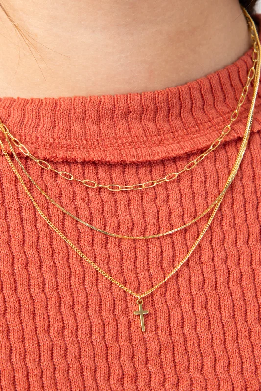 All-Day Wear Cross Triple Necklace in Gold | DNB981GD