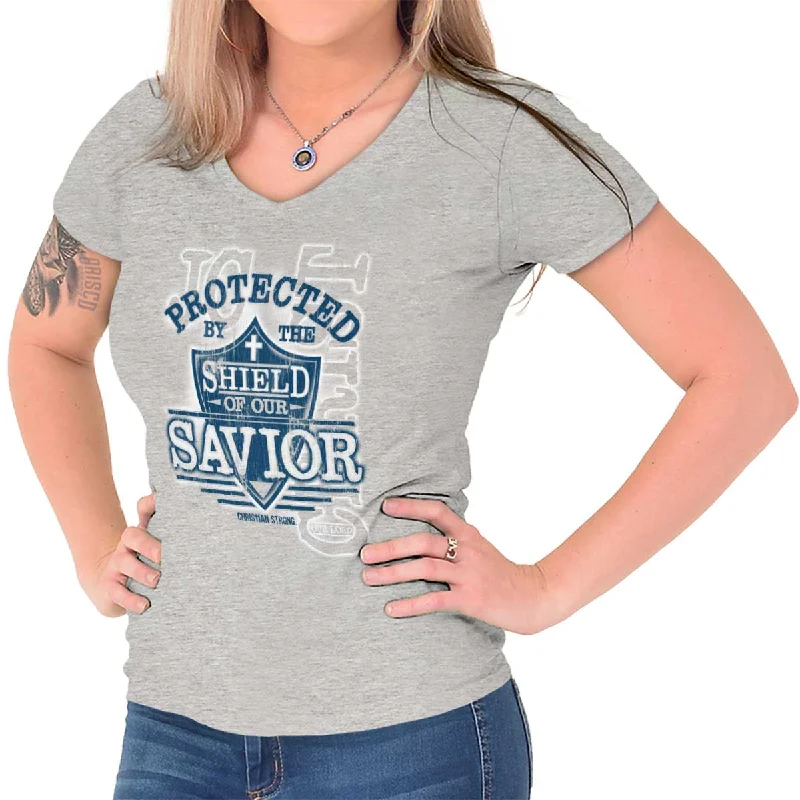 French Retro Shield of our Savior Junior Fit V-Neck T-Shirt