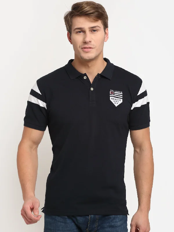 Stretch Design Men's Navy Blue Polo neck Half Sleeve T-Shirt with contrast cut n sew detail on sleeves