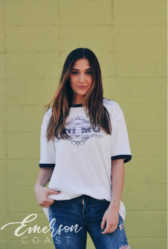 Slightly Flared Design Phi Mu Navy Ringer Tee