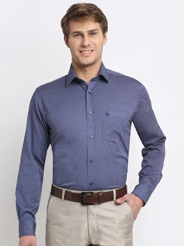 Easy Chic Men's Navy Blue Formal Self Textured Full Sleeve Shirt