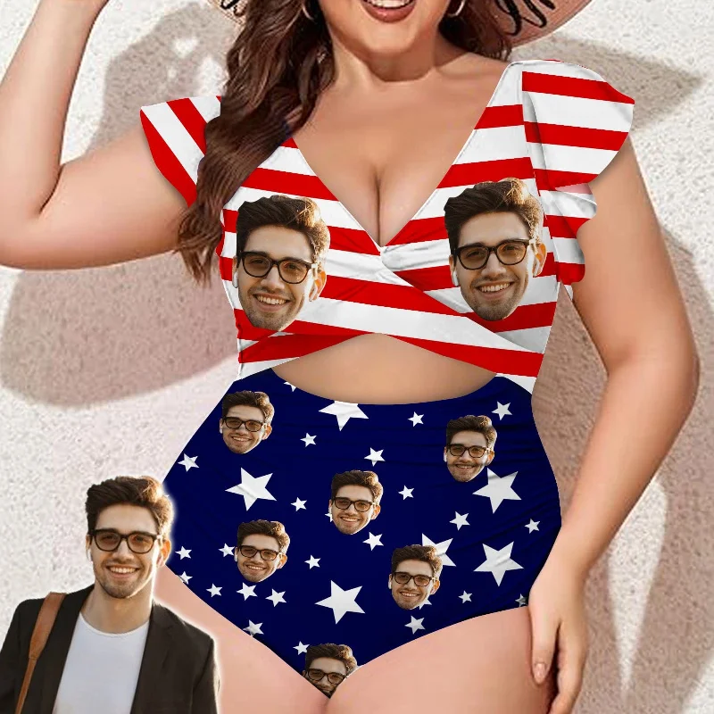 Soft Casuals Custom Face US Flag Women's Twist Front Ruffle Sleeve Swimsuit Face Bathing Suit Soft Casuals Custom Face US Flag Women's Twist Front Ruffle Sleeve Swimsuit Face Bathing Suit