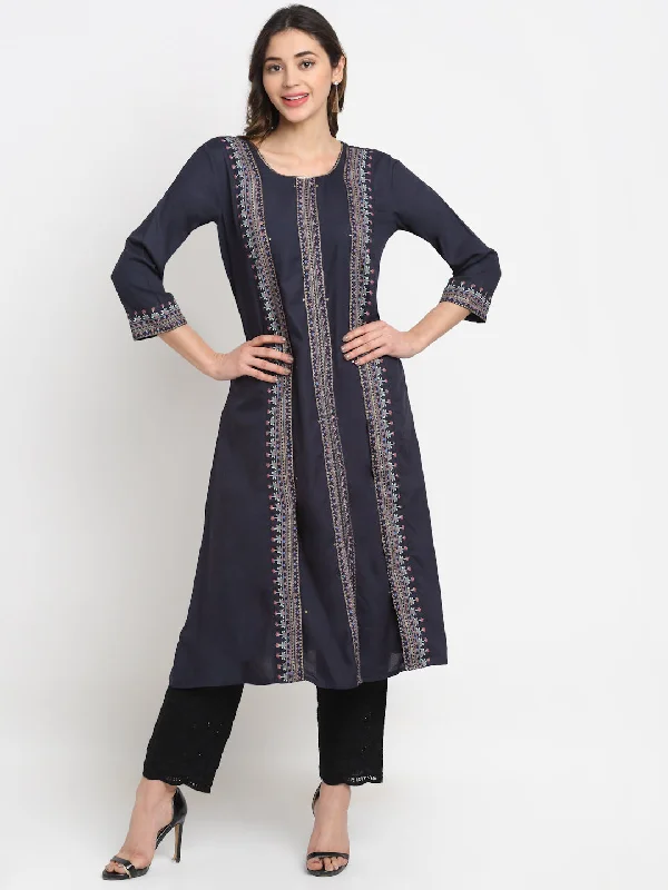 Fashion Expert Women's Casual Round Neck Navy Blue Printed Calf length Kurti