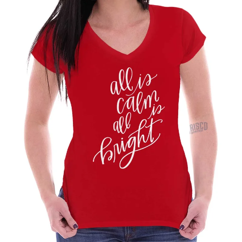 Soft Fabrics All Is Calm Christmas Junior Fit V-Neck T-Shirt