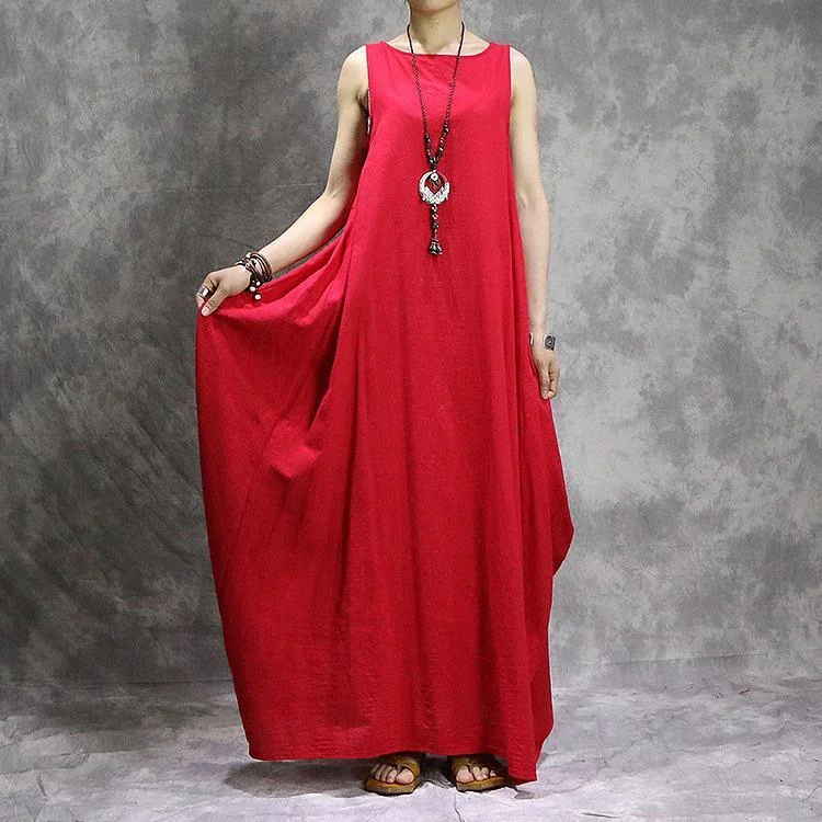 Slim Fit Bohemian sleeveless linen clothes stylish Shape red cotton robes Dresses summer