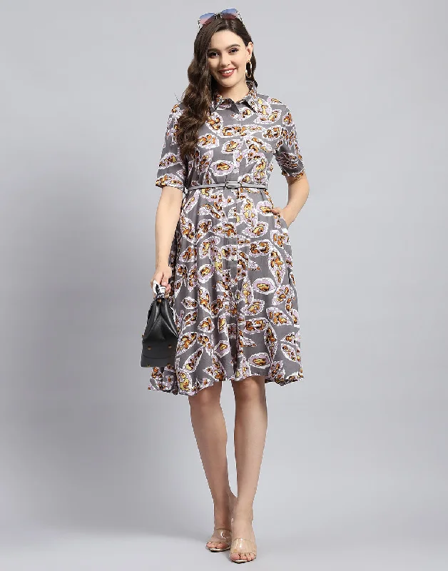 Breezy Comfort Women Grey Printed Collar Half Sleeve Dress