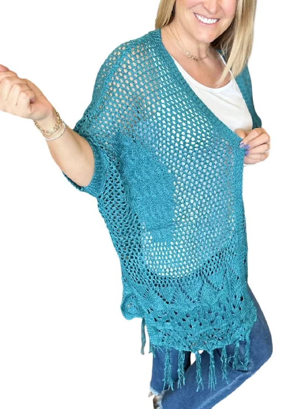 Timeless Outfits Amanda Crocheted Cardigan In Teal