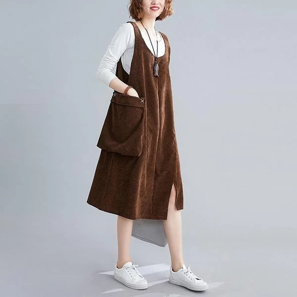 Fresh And Elegant sleeveless plus size corduroy vintage women casual loose midi autumn spring elegant party dress clothes