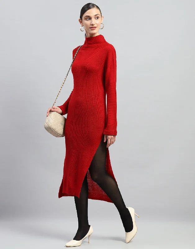 Elegant Wear Women Red Self Design Turtle Neck Full Sleeve Dress