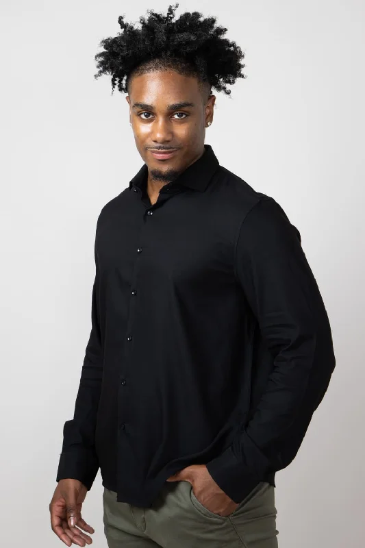 Cozy Street Style Denim & Flower Stretch Solid Shirt for Men in Black | CWL-8270