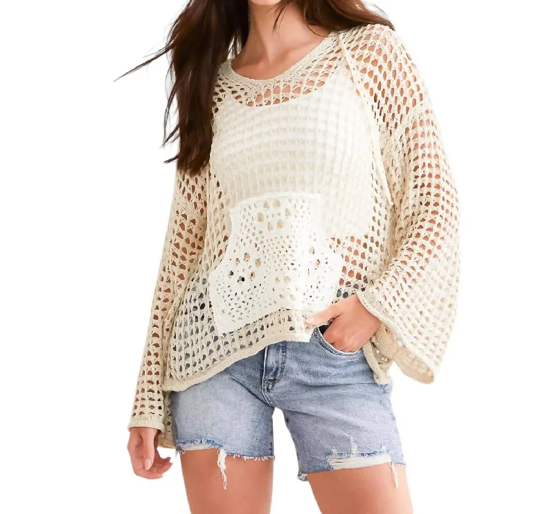 Elegant And Lazy Open Stitch Hooded Sweater In Natural