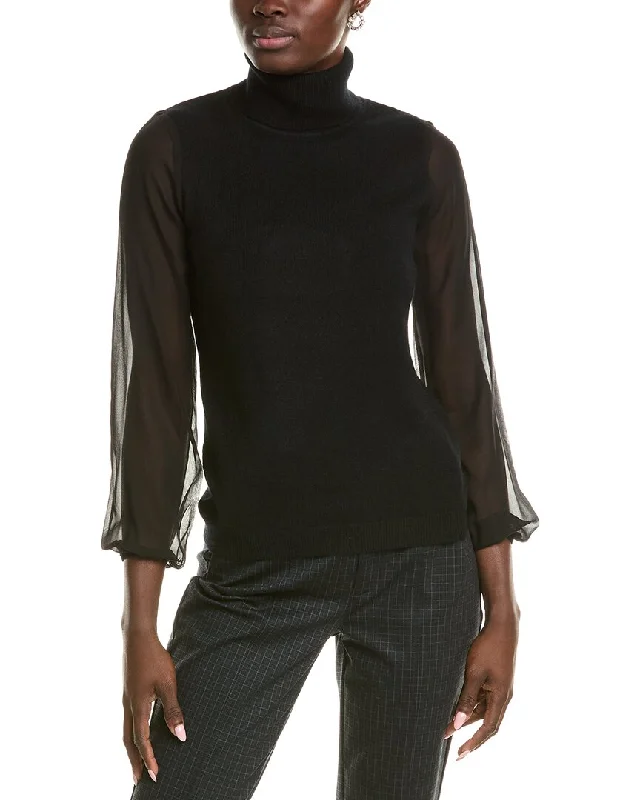 Printed Patterns sofiacashmere Chiffon Silk Sleeve Turtleneck Cashmere Sweater