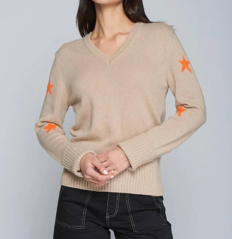 Breezy Style Star Sweater Intarsia Oatmeal In Beige With Orange Stars