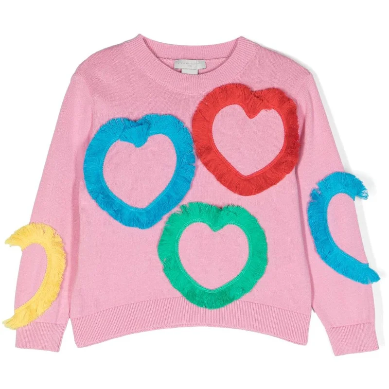 Elegant Comfort Pink Sweater With Fringy Multicolor Hearts